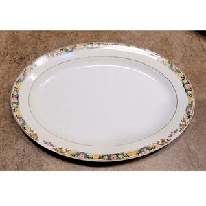 Vintage Oval Ceramic Serving Platter Floral Pink Rose Gold Trim Cream 11.5 Inch